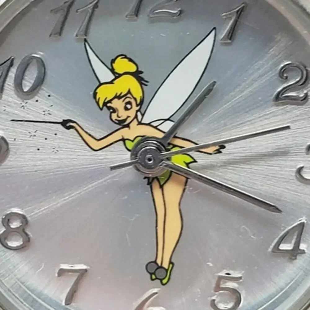 Disney Tinker Bell Round Silver Analog Watch Blue Leather Band Women's